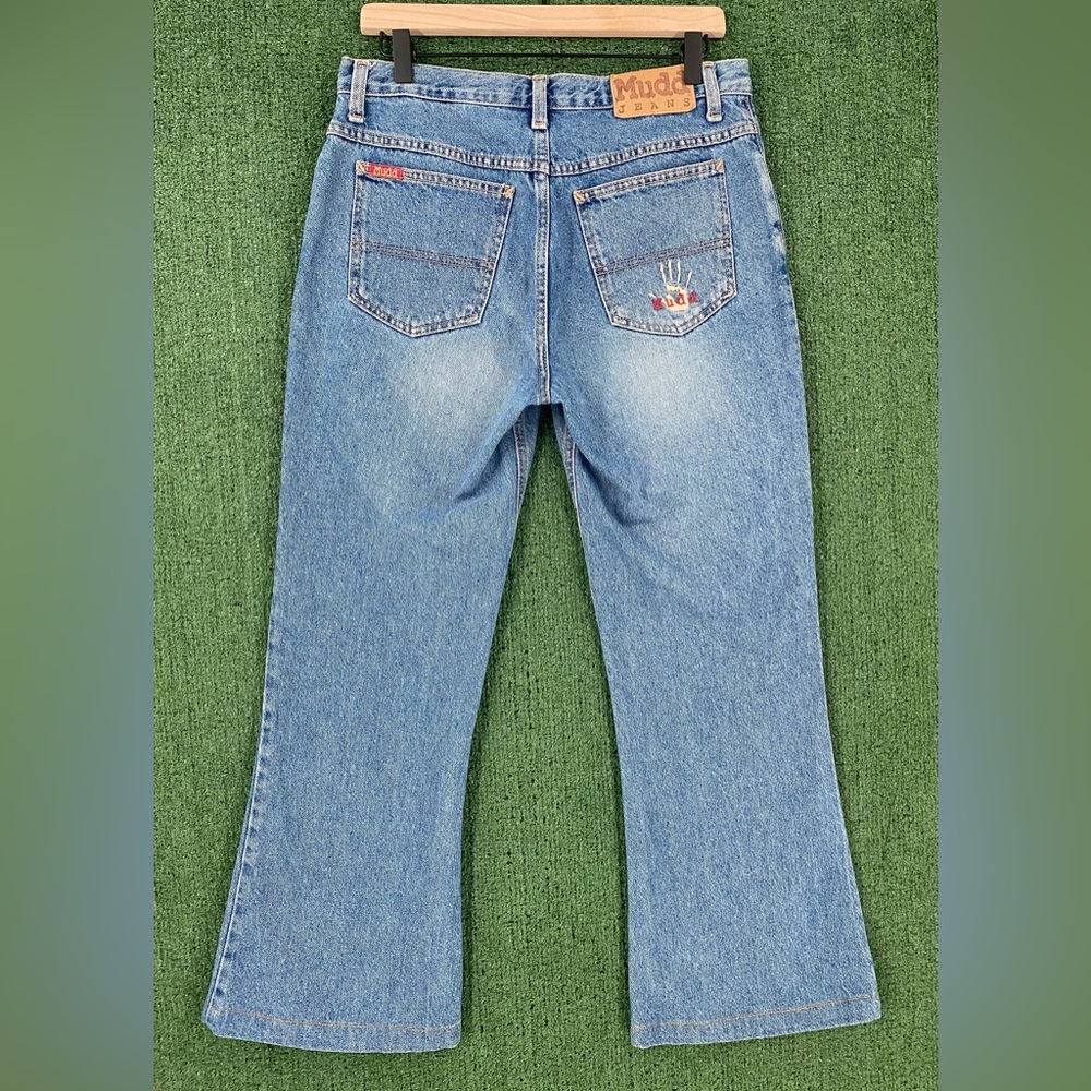 Vintage 90's Mudd Hand Print Button Fly Bellbottom Flare Jeans 31” Waist Hemmed